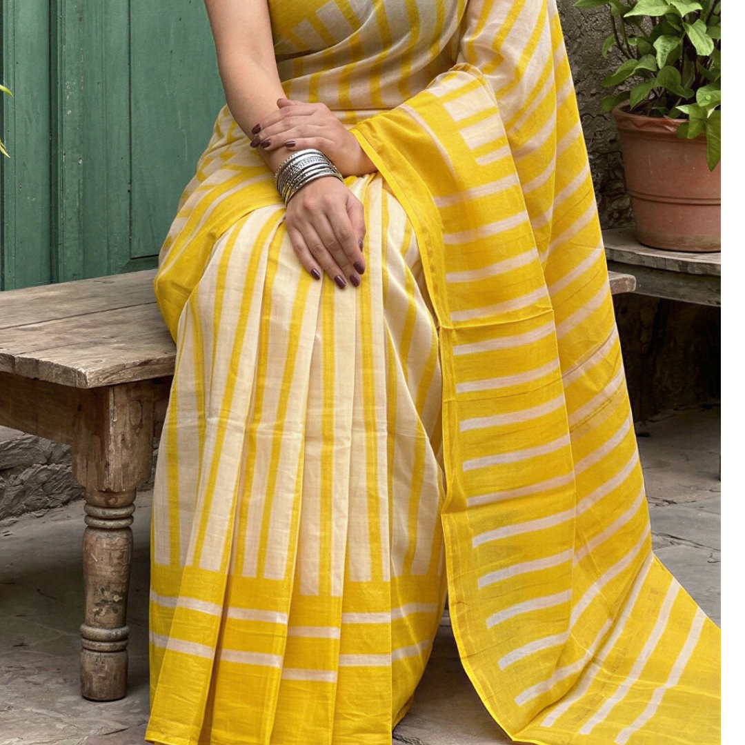 Sunlit Yellow Hand Block Printed Chanderi Silk Saree with Blouse | Natural Dye Chanderi Saree