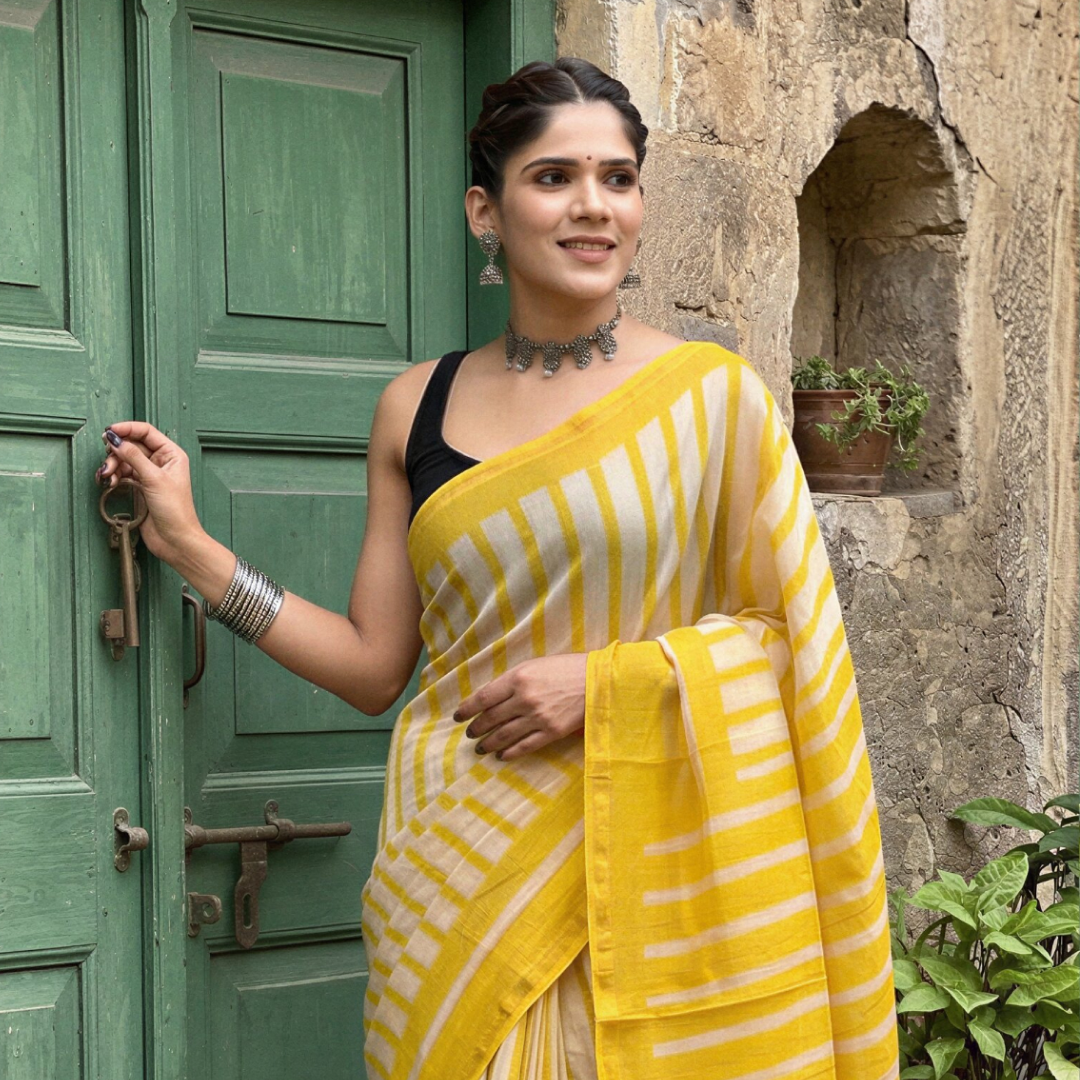 Sunlit Yellow Hand Block Printed Chanderi Silk Saree with Blouse | Natural Dye Chanderi Saree