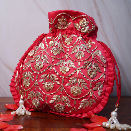 Temple Red Silk Embroidered Potli Bag (With Handle)