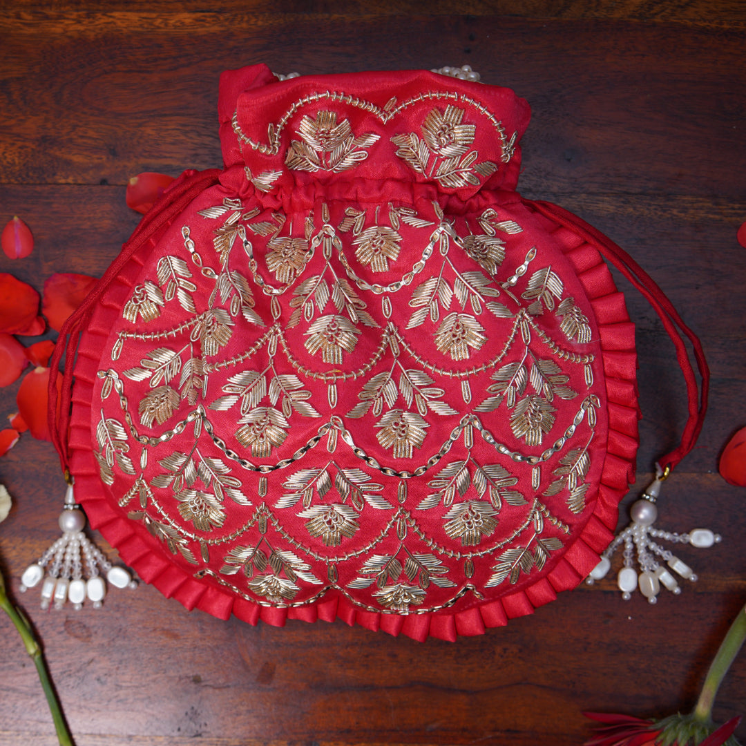 Temple Red Silk Embroidered Potli Bag (With Handle)