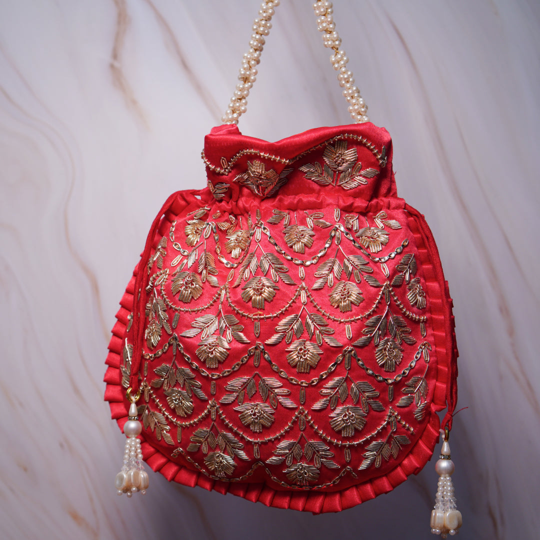 Temple Red Silk Embroidered Potli Bag (With Handle)