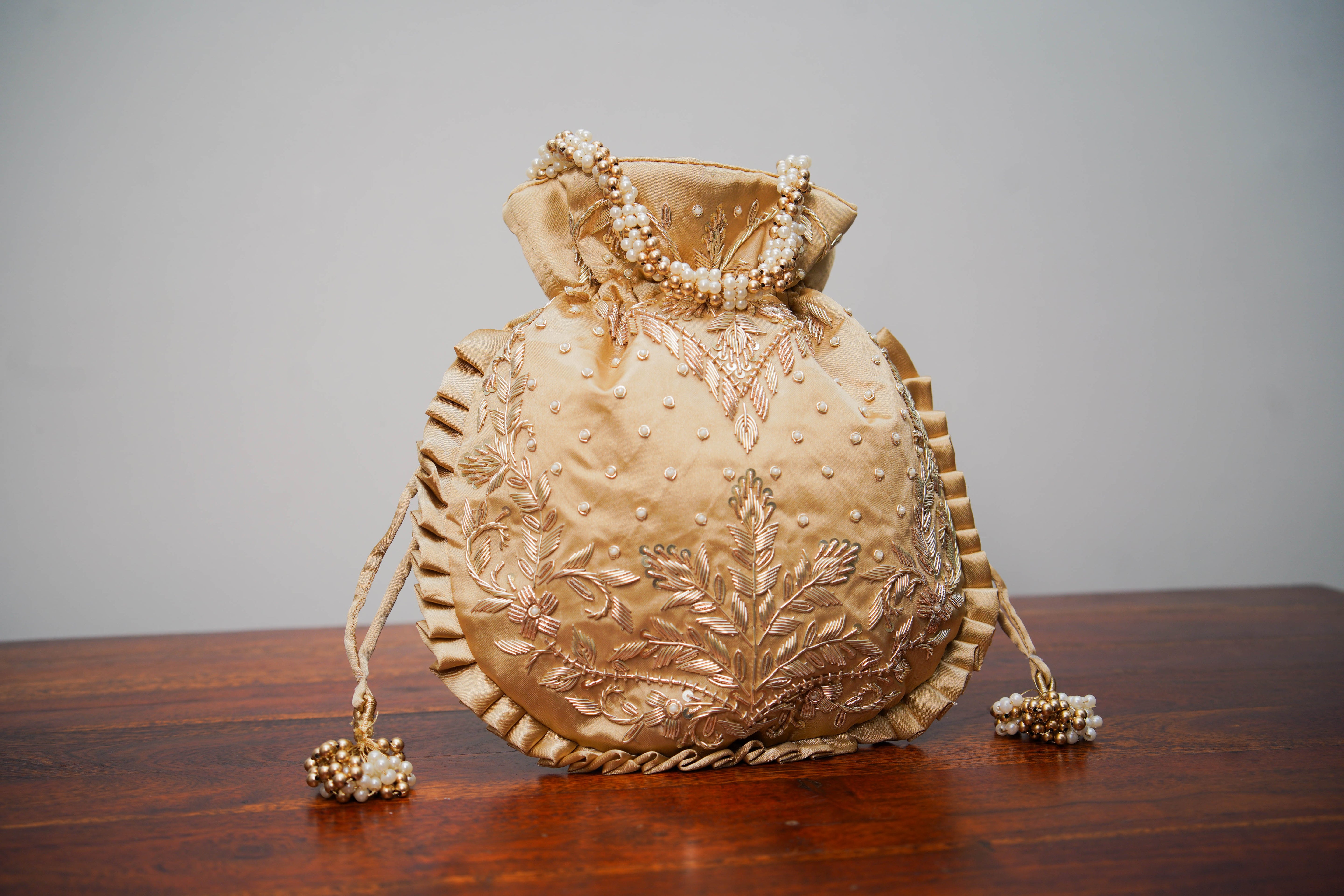 Tan Beige Silk Embroidered Potli Bag (With Handle)