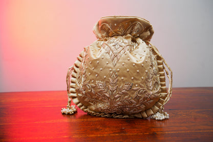 Tan Beige Silk Embroidered Potli Bag (With Handle)