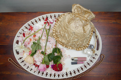 Tan Beige Silk Embroidered Potli Bag (With Handle)