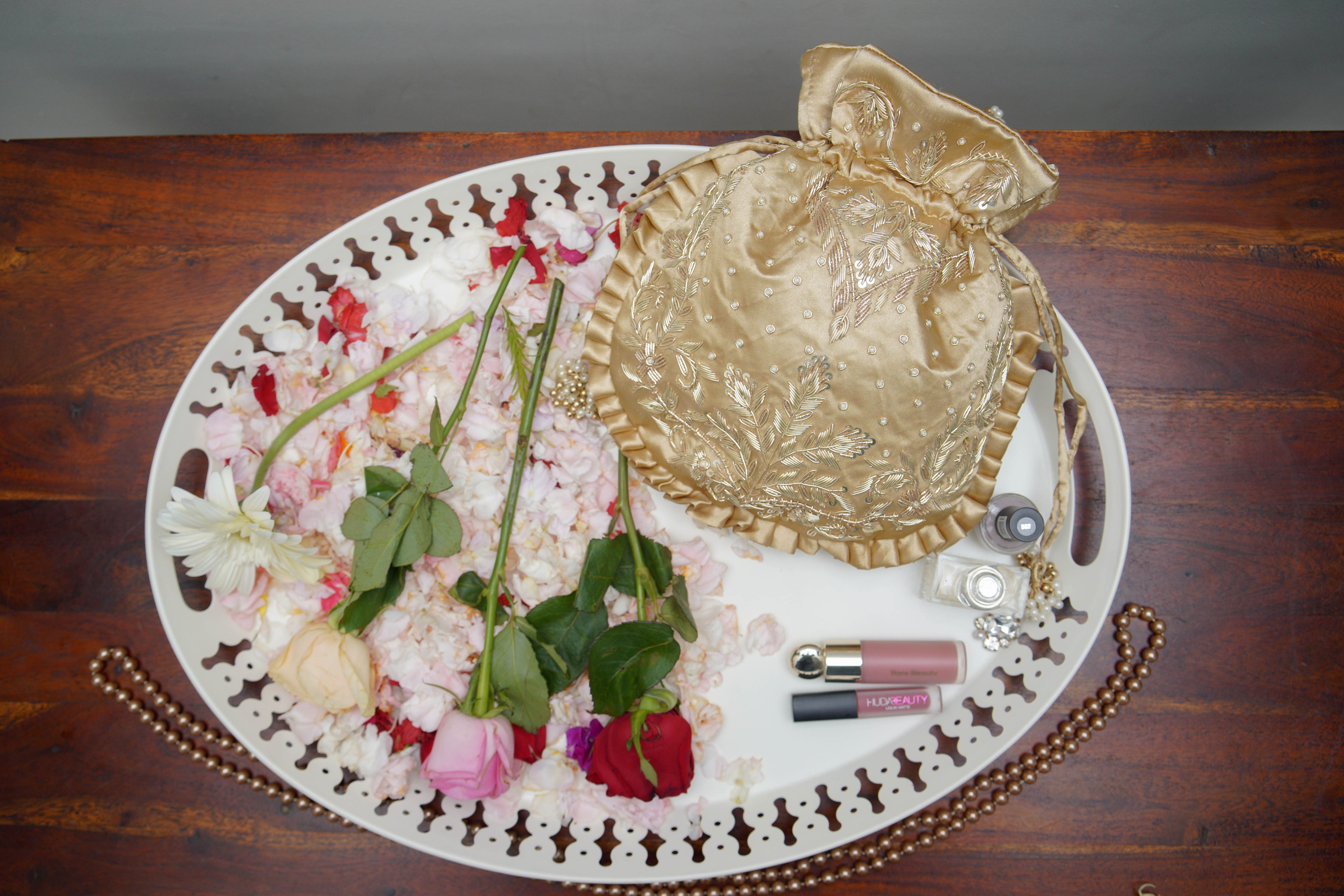 Tan Beige Silk Embroidered Potli Bag (With Handle)