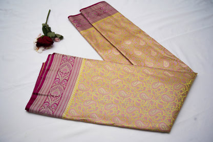 Pink Yellow Soft Tanchoi Jamawar Banarasi Handloom Saree