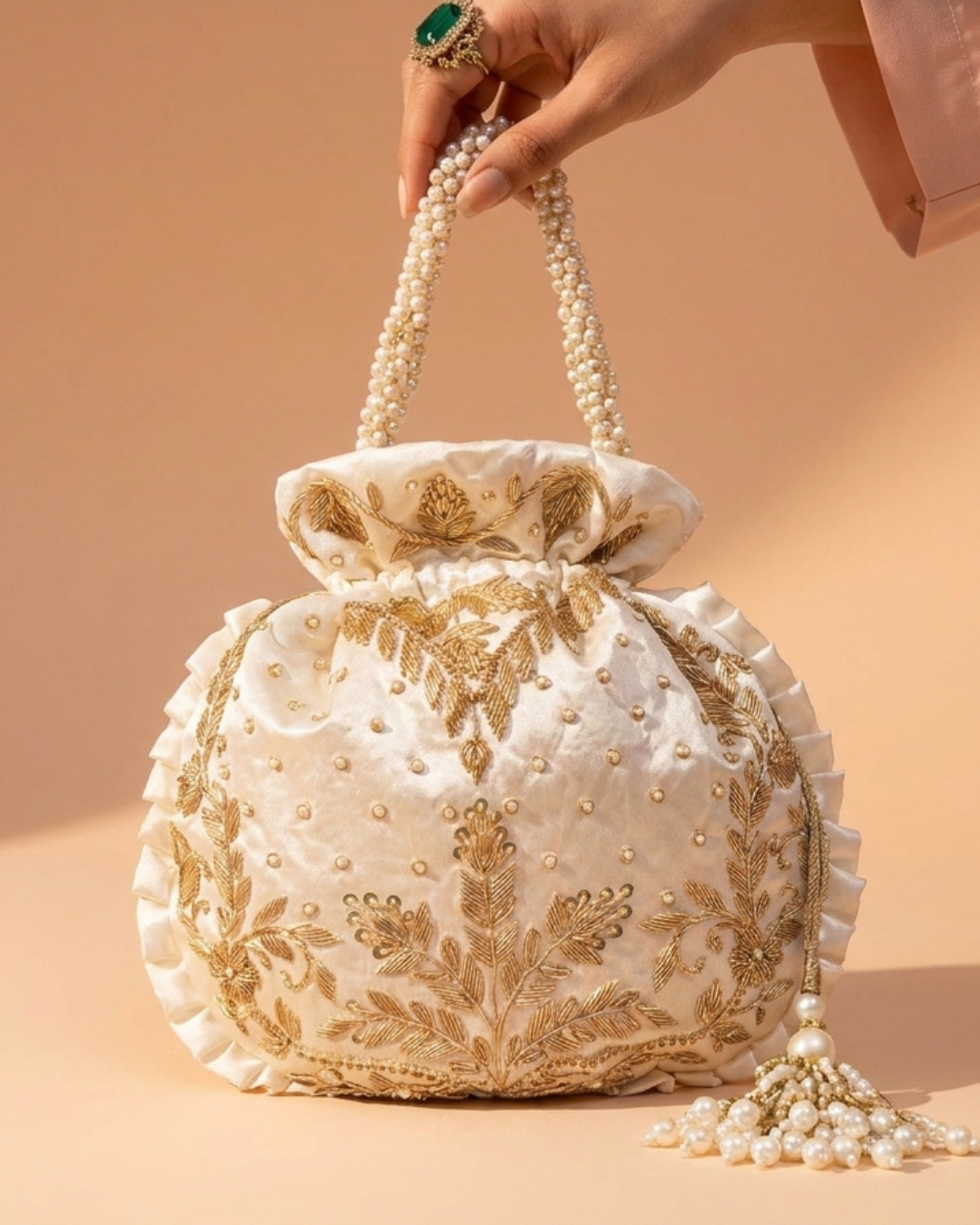 Silken White Silk Embroidered Potli Bag (With Handle)
