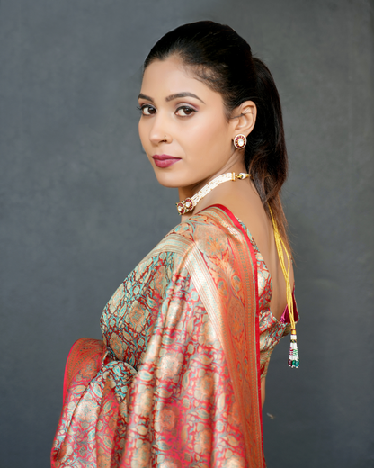 Shiny Red Silk Tanchoi Jamawar Banarasi Handloom Saree