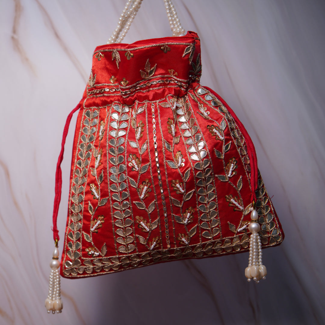Utsav Red Gota Patti Silk Embroidered Potli Bag (With Handle)