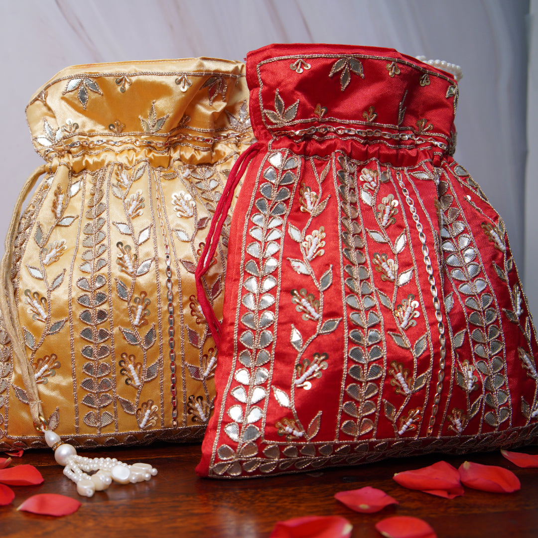 Utsav Red Gota Patti Silk Embroidered Potli Bag (With Handle)