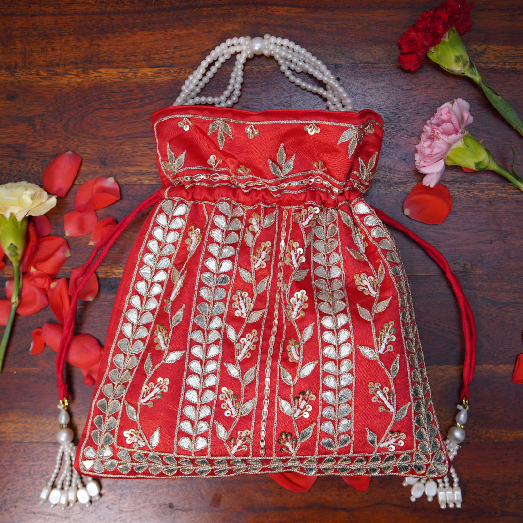 Utsav Red Gota Patti Silk Embroidered Potli Bag (With Handle)
