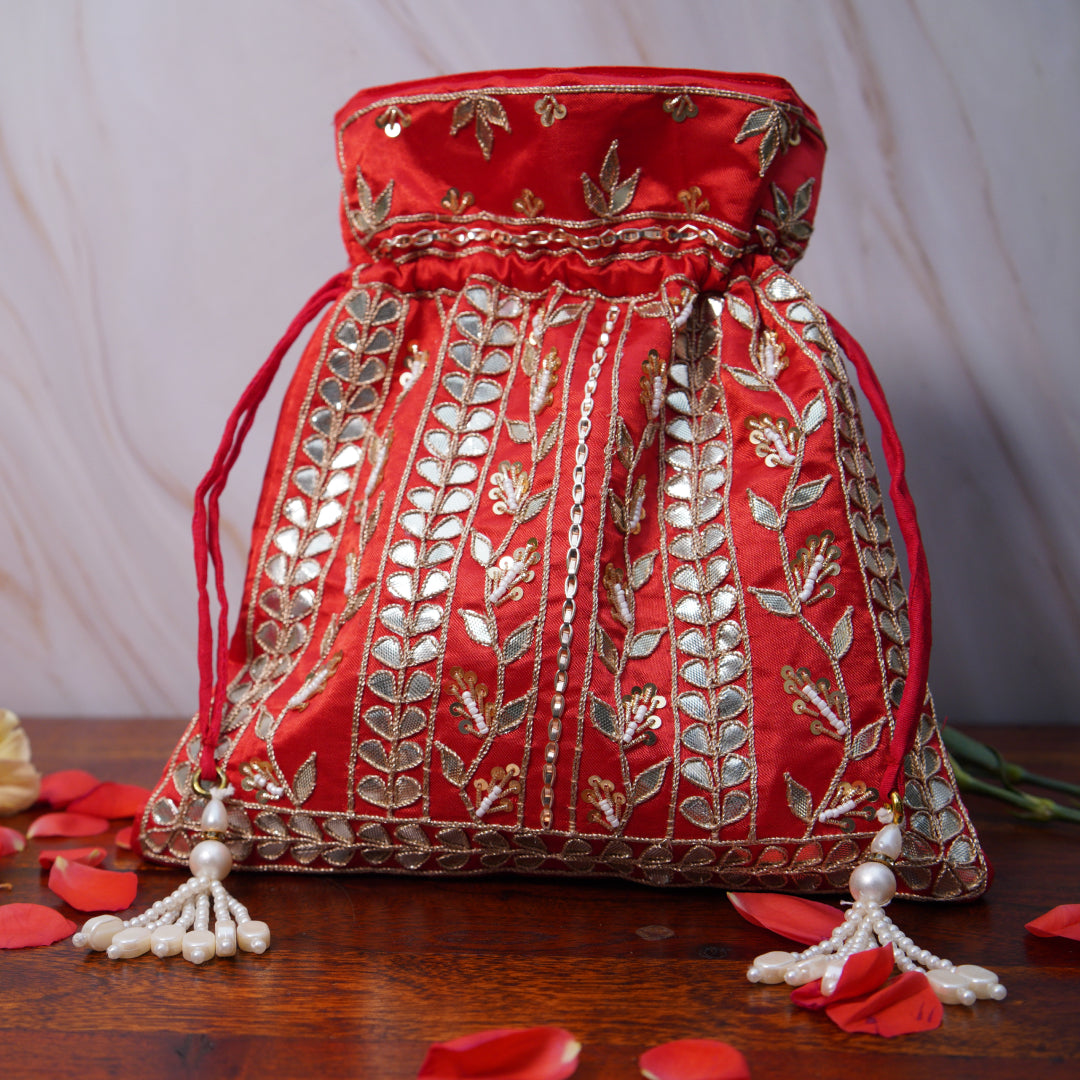 Utsav Red Gota Patti Silk Embroidered Potli Bag (With Handle)