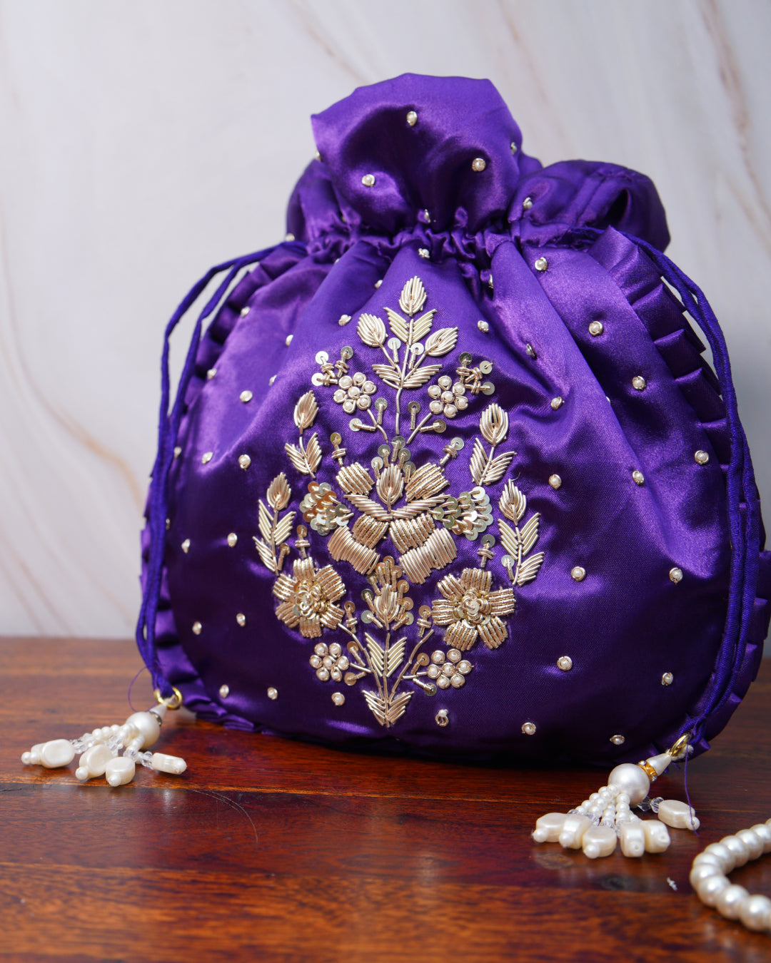 Velvet Indigo Silk Embroidered Potli Bag (With Handle)