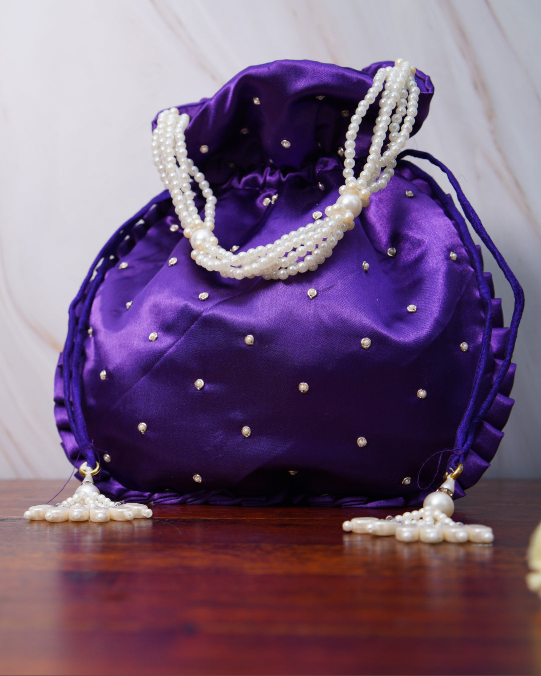 Velvet Indigo Silk Embroidered Potli Bag (With Handle)