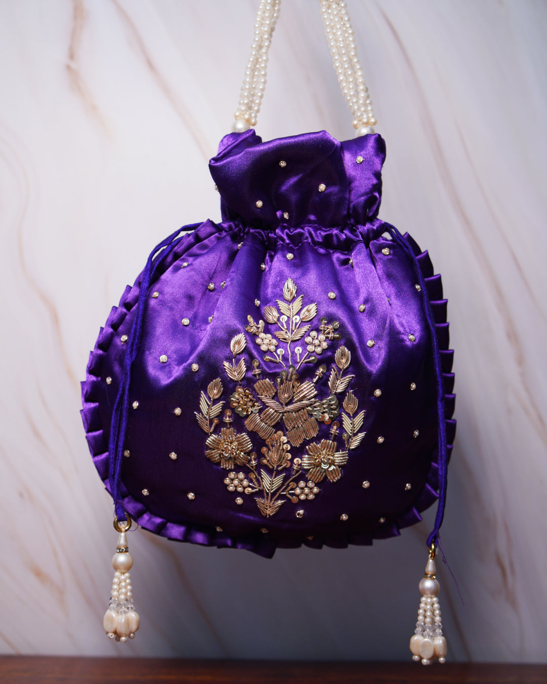 Velvet Indigo Silk Embroidered Potli Bag (With Handle)