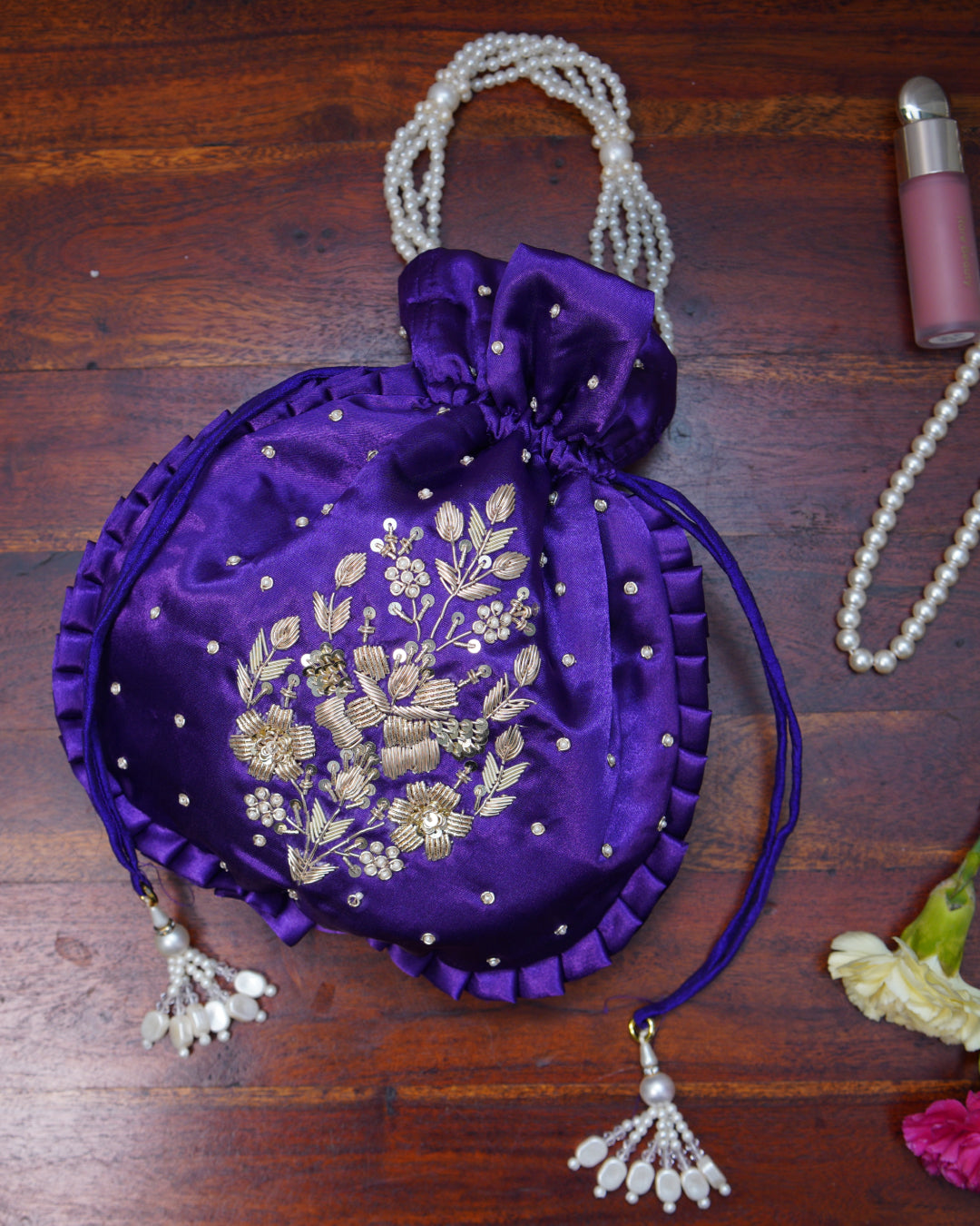 Velvet Indigo Silk Embroidered Potli Bag (With Handle)