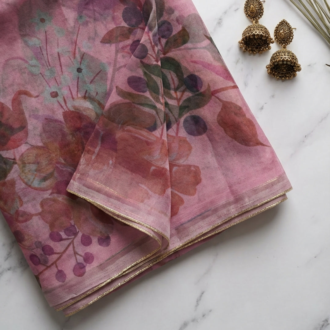 Vintage Rose Organza Saree
