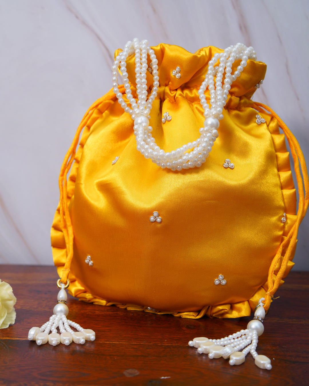 Vivid Yellow Silk Embroidered Potli Bag (With Handle)