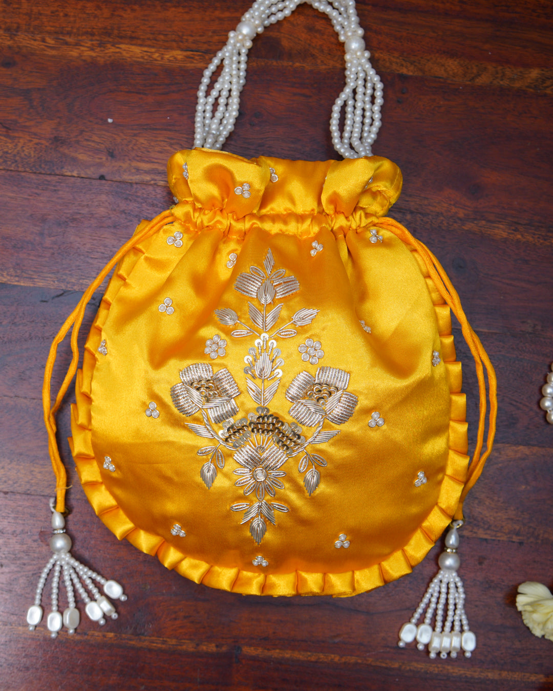Vivid Yellow Silk Embroidered Potli Bag (With Handle)
