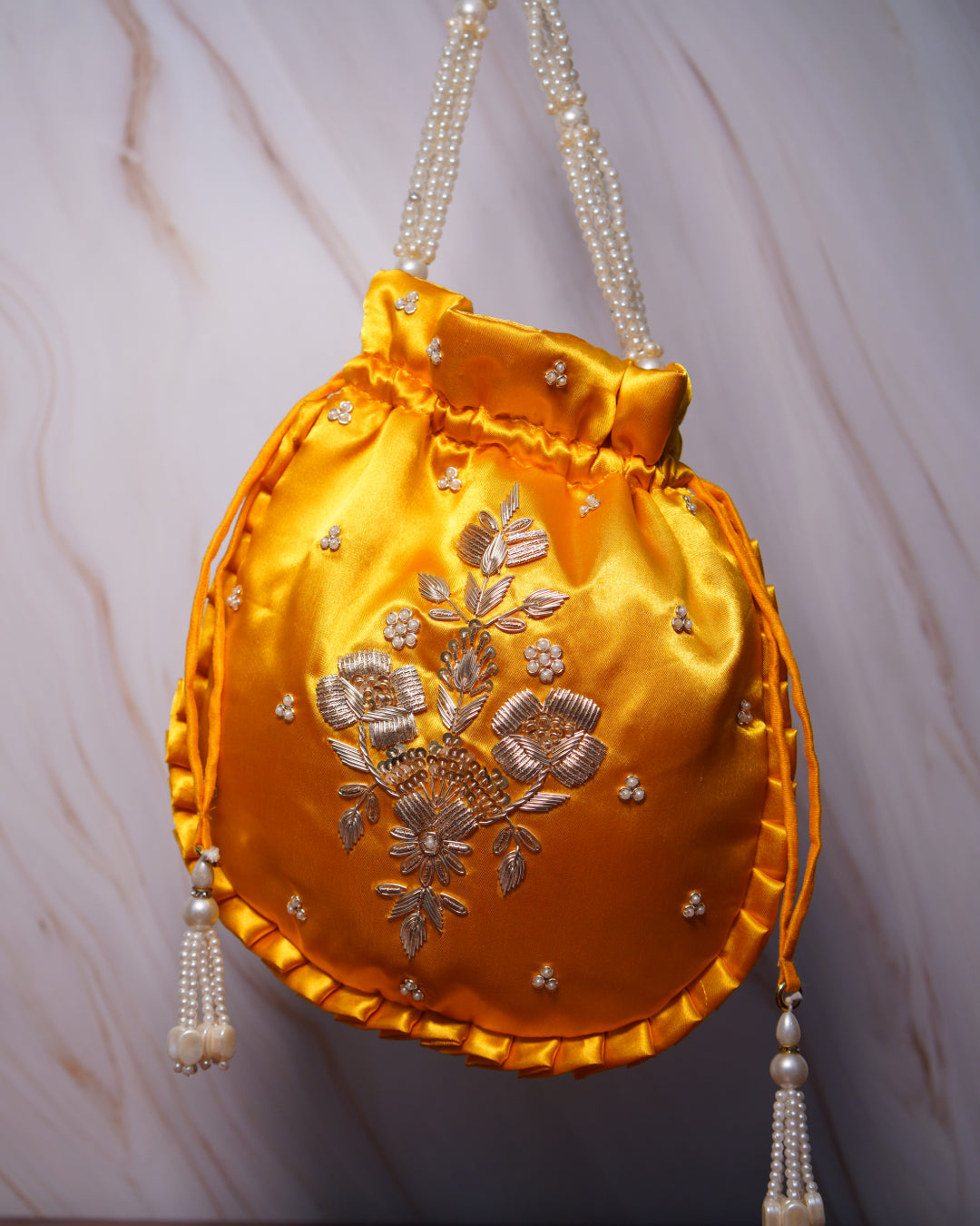 Vivid Yellow Silk Embroidered Potli Bag (With Handle)