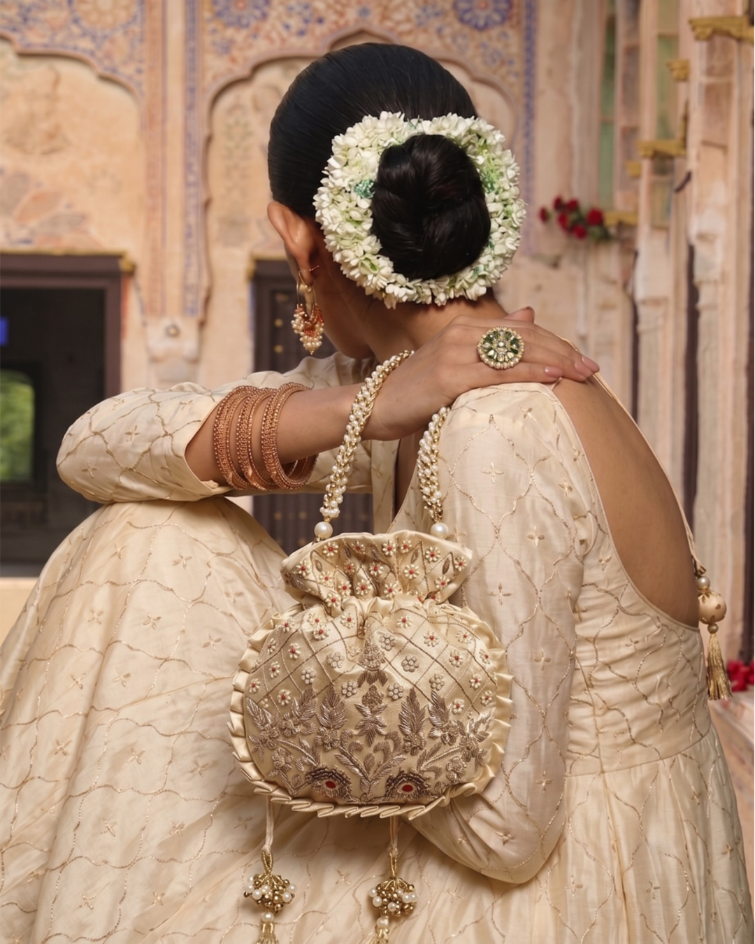 Off - White With Red Silk Embroidered Women Potli Bag
