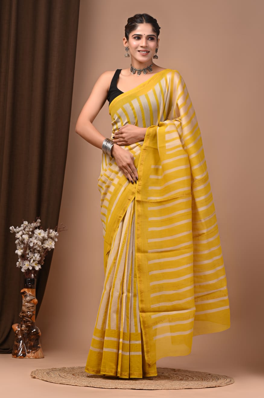 Sunlit Yellow Hand Block Printed Chanderi Silk Saree with Blouse | Natural Dye Chanderi Saree