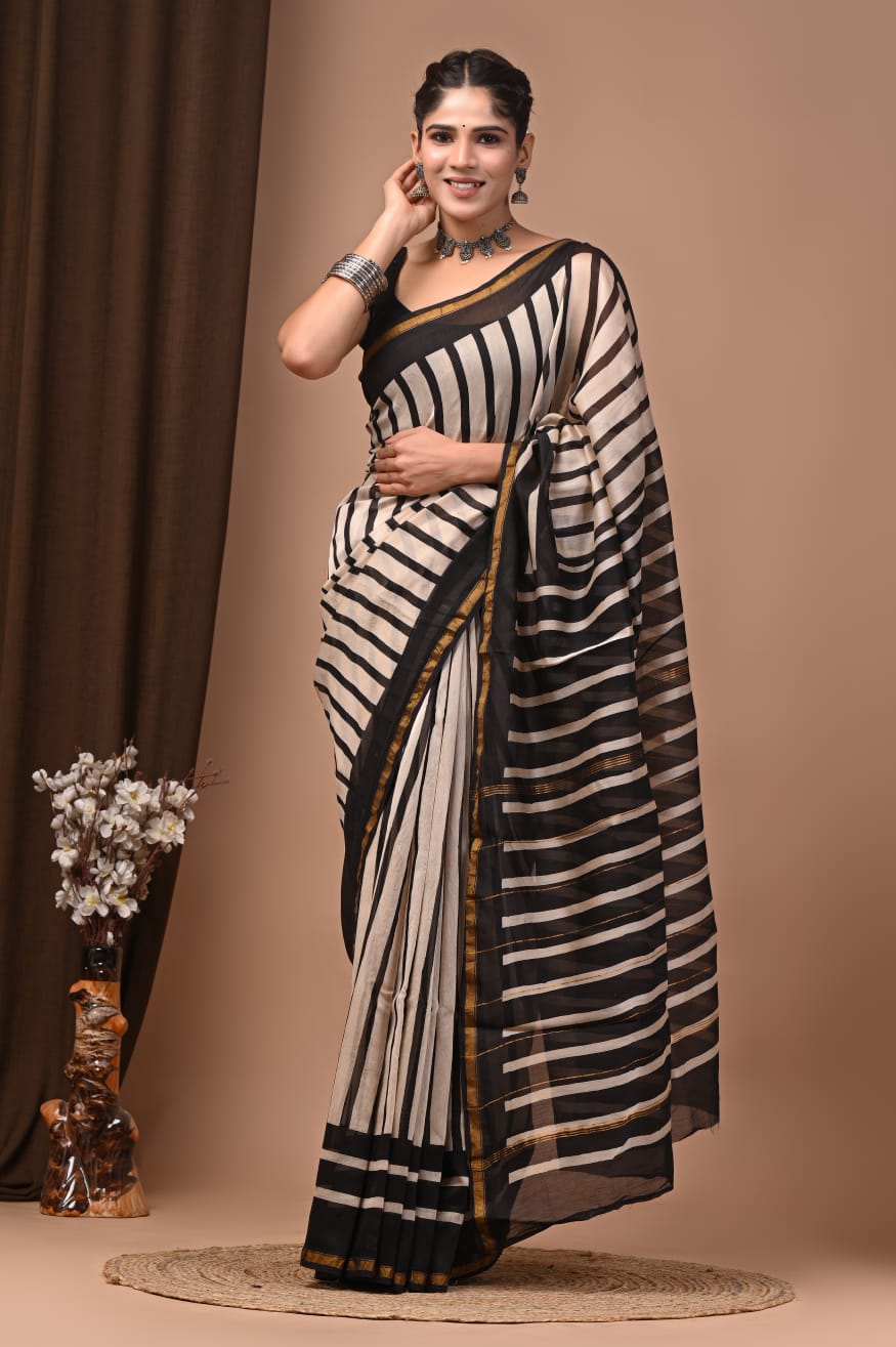 Black White Metallic Hand Block Printed Chanderi Silk Saree with Blouse | Natural Dye Chanderi Saree