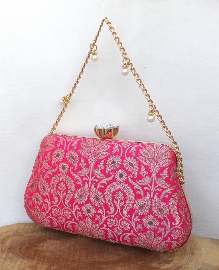 Floral Pink Pure Banarasi Brocade Clutch with Diamond Top