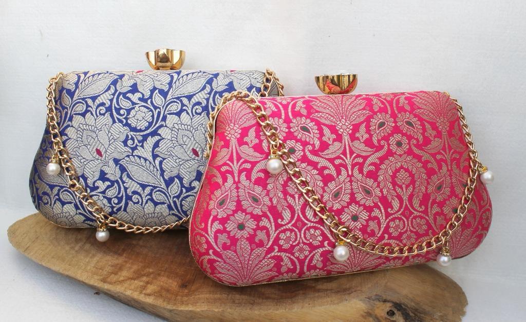Sapphire Luxe Pure Banarasi Brocade 2-in-1 Clutch & Sling Bag with Diamond Top