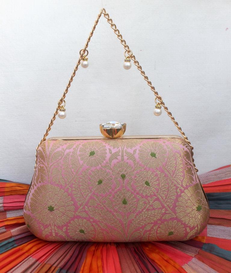 Velvet Rose Pure Banarasi Brocade Clutch with Diamond Top