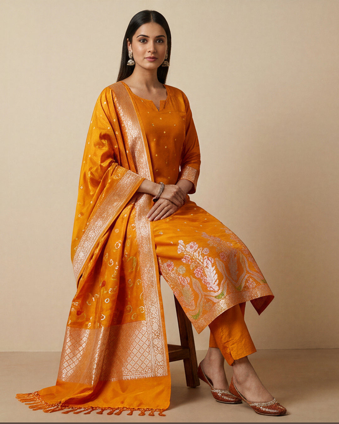 Exclusive Pure Banarasi Katan Silk Zari Weaving 3-Piece Unstitched Salwar Suit (mustard)