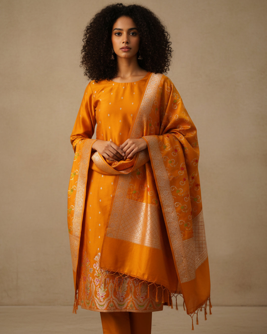 Exclusive Pure Banarasi Katan Silk Zari Weaving 3-Piece Unstitched Salwar Suit (mustard)