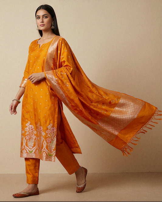 Exclusive Banarasi Katan Silk Zari Weaving 3-Piece Unstitched Salwar Suit (mustard)