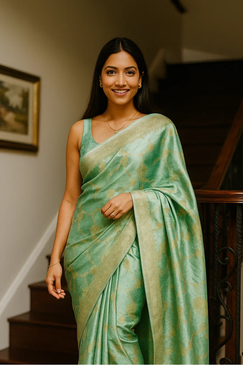 Golden Bloom Banarasi Moonga Tissue Saree