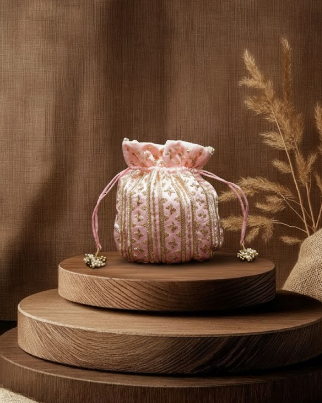 Baby Pink Silk Embroidered Potli Bag (With Handle)