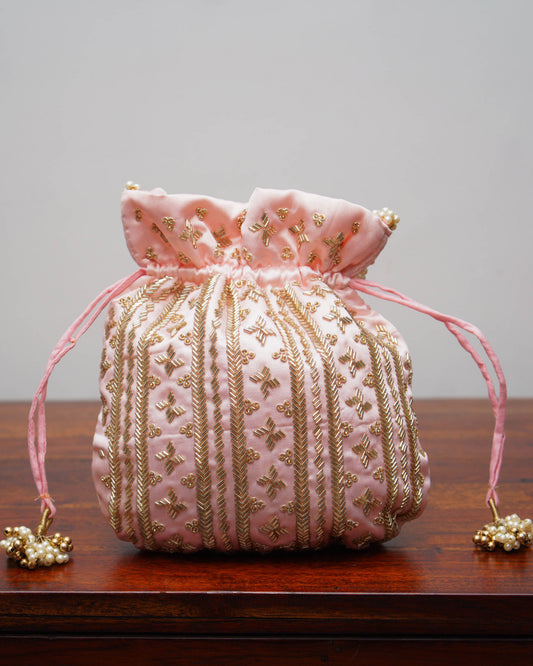 Baby Pink Silk Embroidered Potli Bag (With Handle)