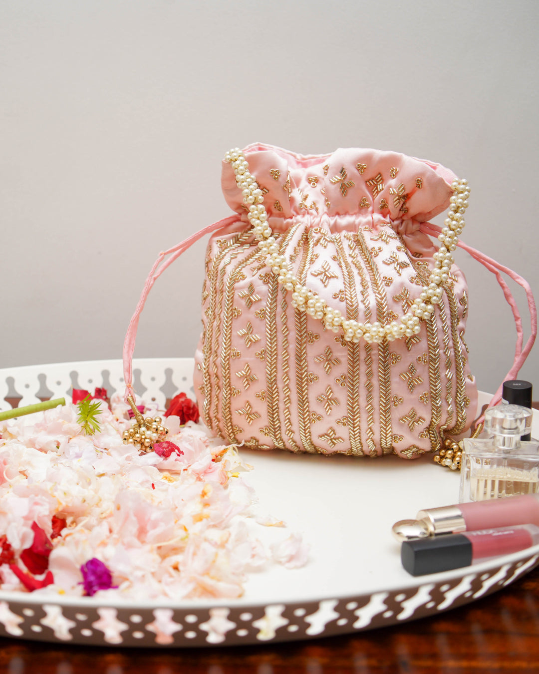 Soft Peach Silk Embroidered Potli Bag (With Handle)