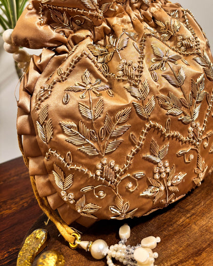 Velvet Copper Silk Embroidered Potli Bag (With Handle)