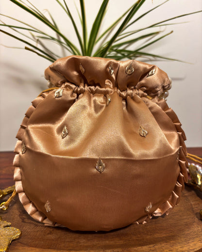 Velvet Copper Silk Embroidered Potli Bag (With Handle)