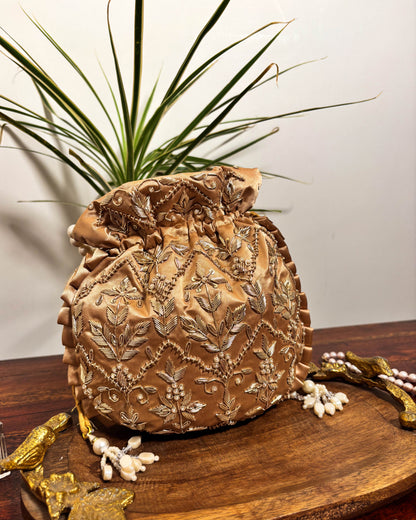 Velvet Copper Silk Embroidered Potli Bag (With Handle)