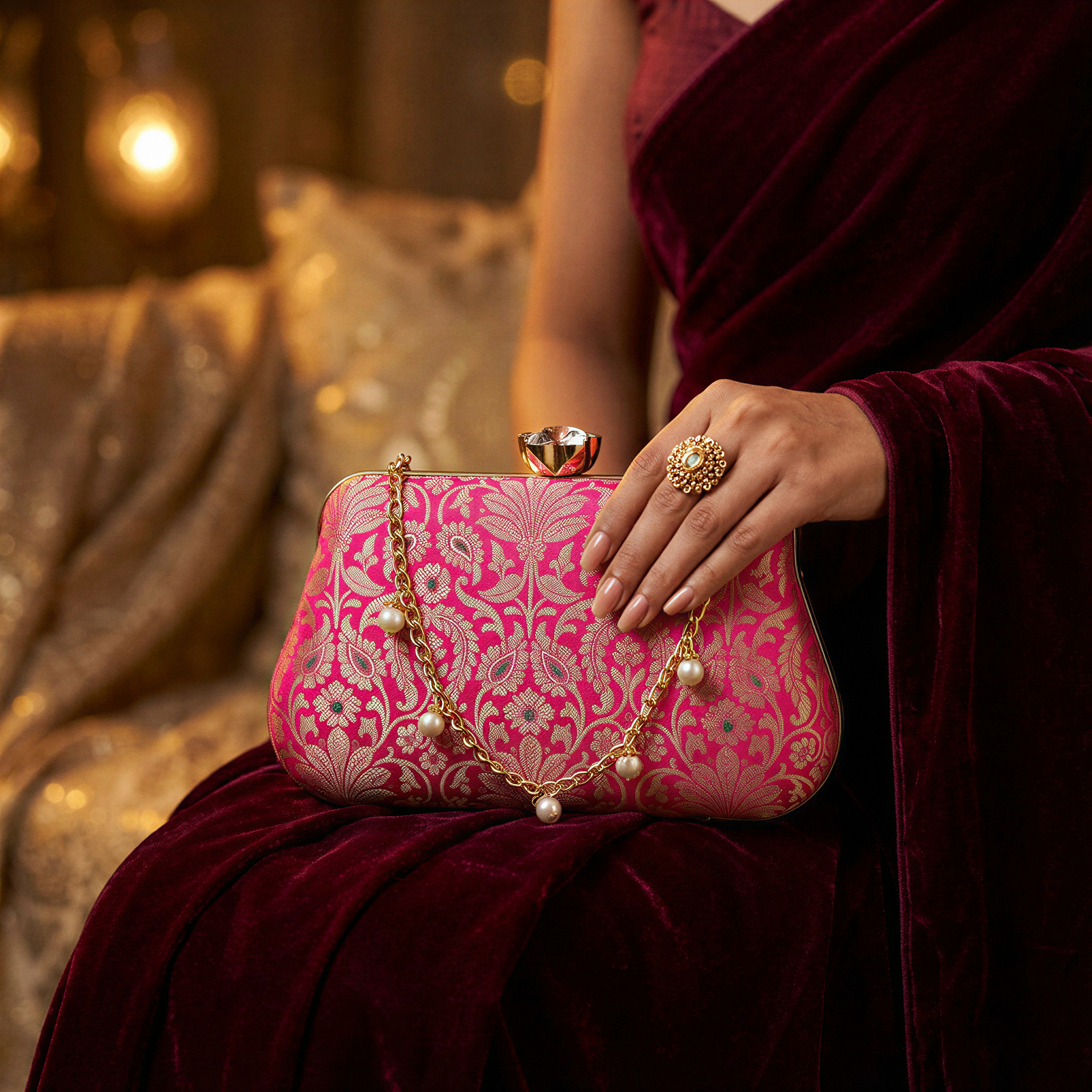 Floral Pink Pure Banarasi Brocade Clutch with Diamond Top