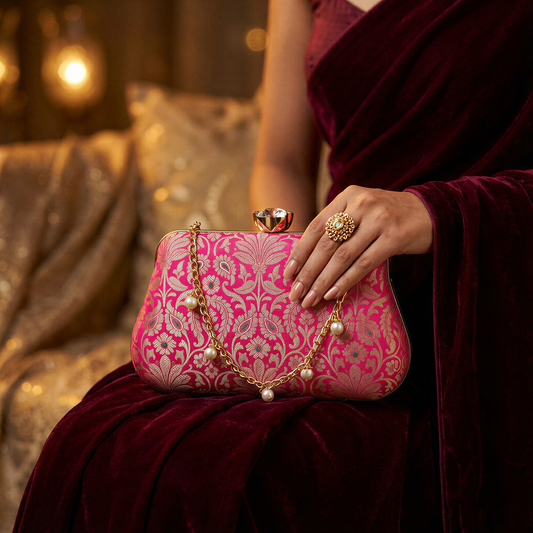 Floral Pink Pure Banarasi Brocade Clutch with Diamond Top