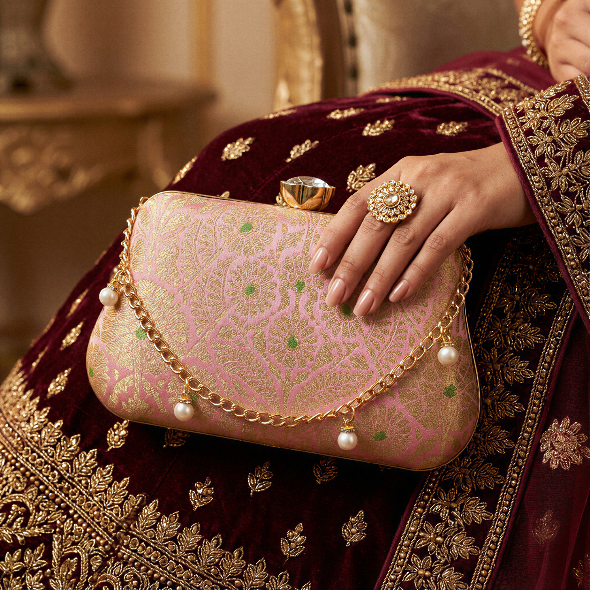 Velvet Rose Pure Banarasi Brocade Clutch with Diamond Top