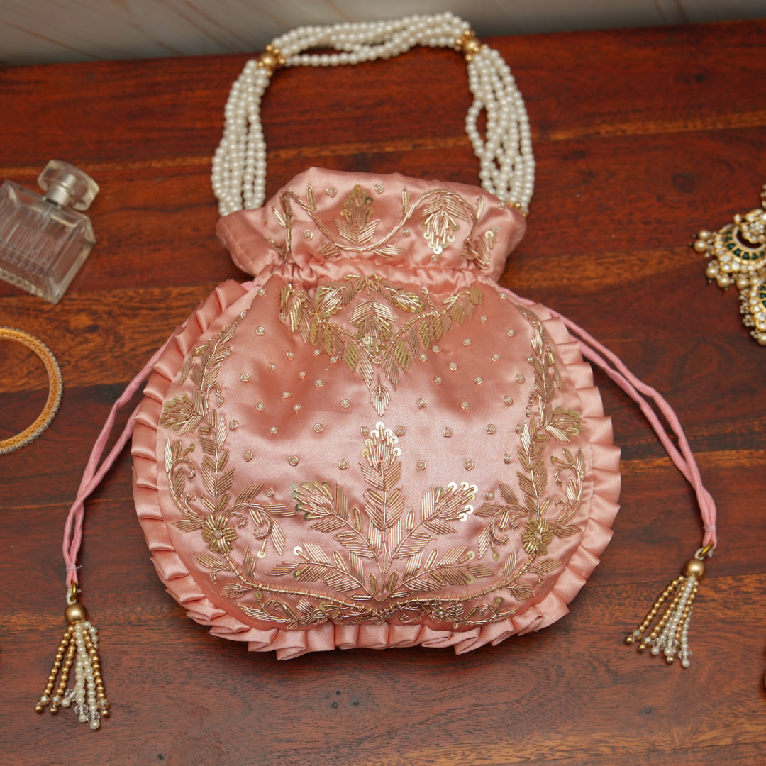 Rose Gold Silk Embroidered Potli Bag (With Handle)