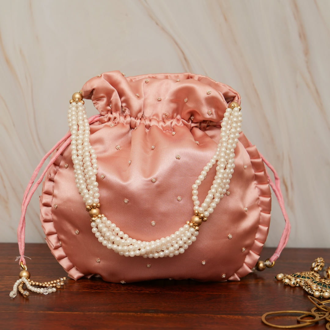 Rose Gold Silk Embroidered Potli Bag (With Handle)