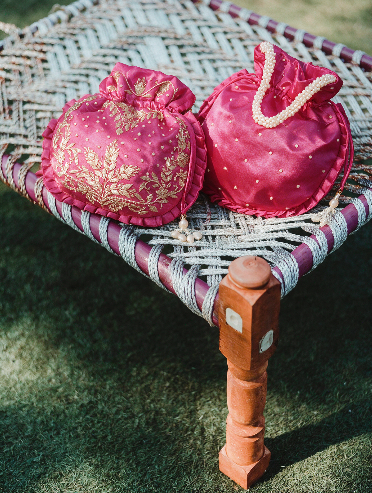 Dark Hot Pink Silk Embroidered Potli Bag (With Handle)
