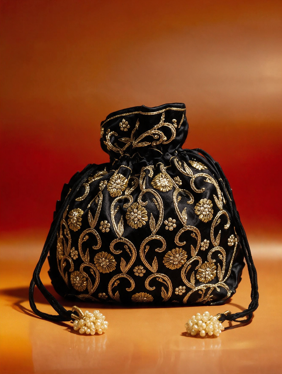 Black Silk Embroidered Women Potli Bag