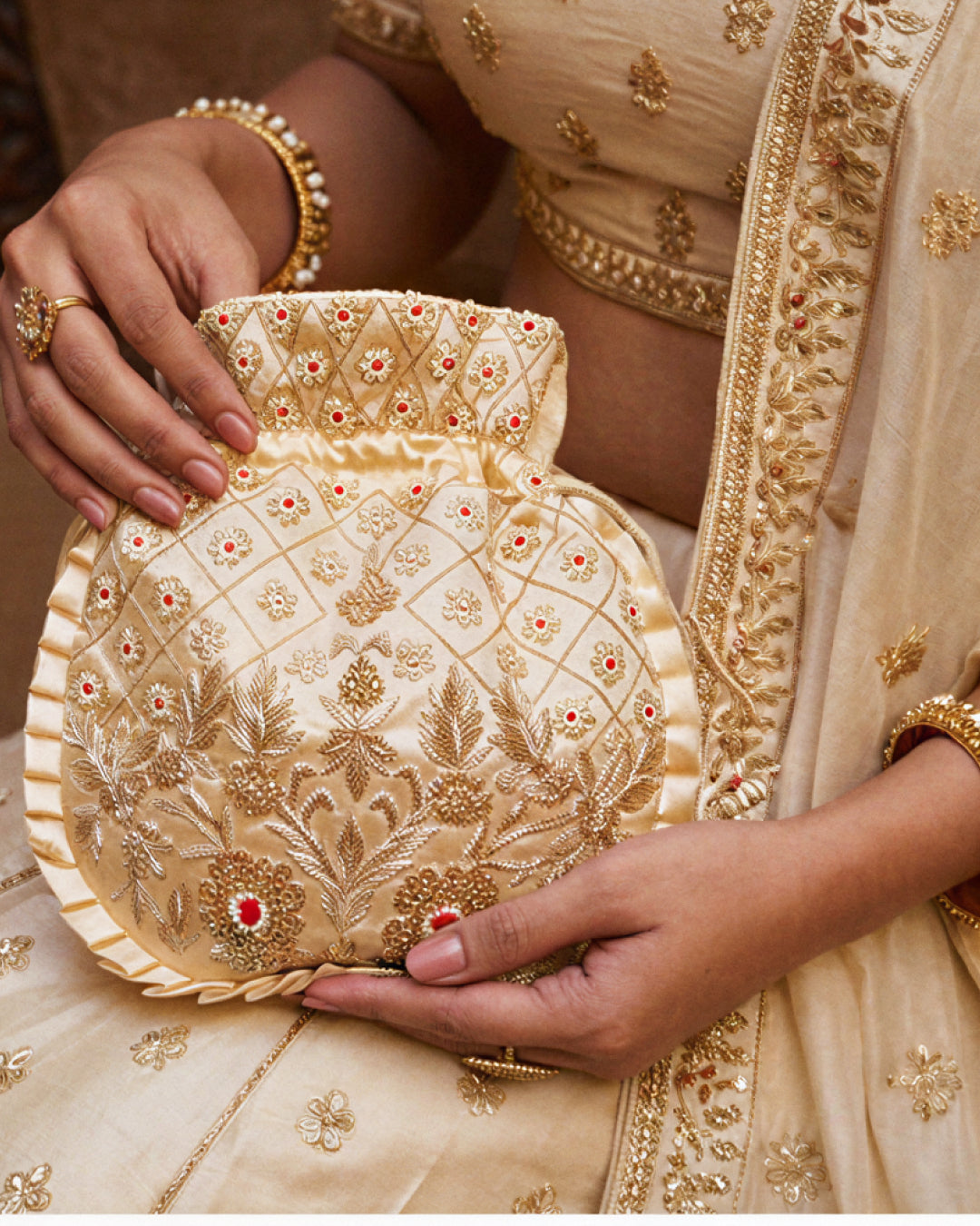 Golden White With Red Silk Embroidered Potli Bag (With Handle)