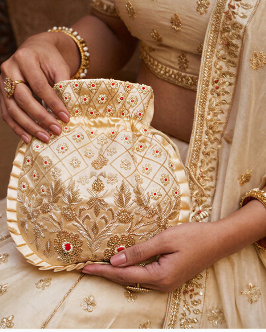Golden White With Red Silk Embroidered Potli Bag (With Handle)