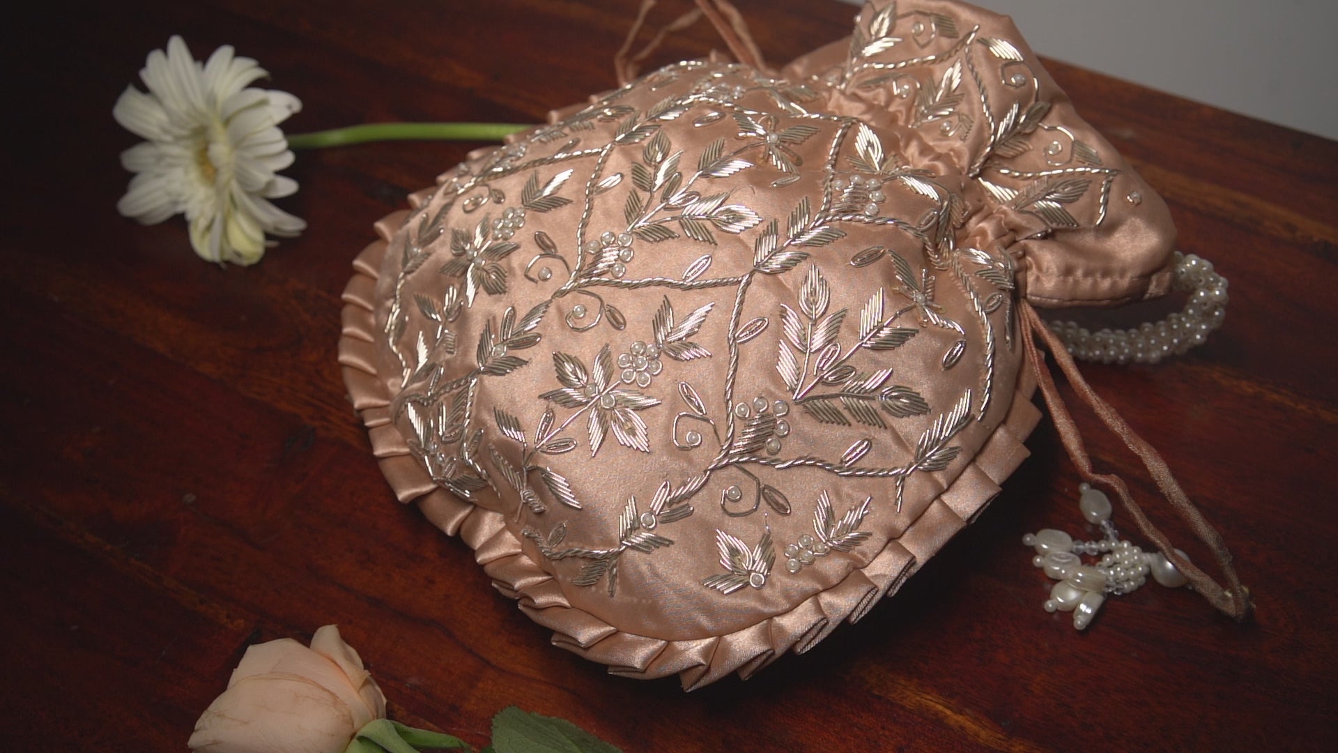 Pale Copper Silk Embroidered Potli Bag (With Handle)